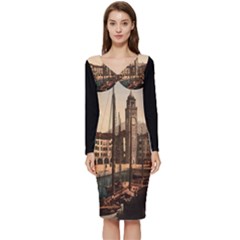  The Harbor, Riva, Lake Garda, Italy 1890-1900 Long Sleeve V-neck Bodycon Dress  by ConteMonfrey