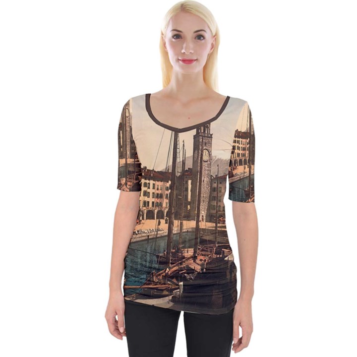 The Harbor, Riva, Lake Garda, Italy 1890-1900 2 Background Brown Wide Neckline Tee