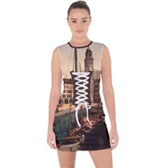 The Harbor, Riva, Lake Garda, Italy 1890-1900 2 Background Brown Lace Up Front Bodycon Dress by ConteMonfrey