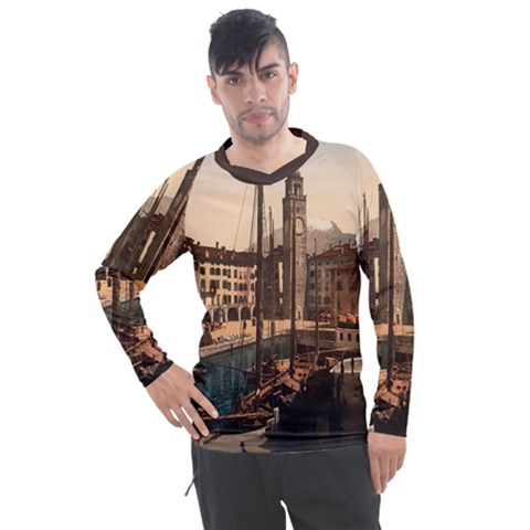 The Harbor, Riva, Lake Garda, Italy 1890-1900 2 Background Brown Men s Pique Long Sleeve Tee by ConteMonfrey