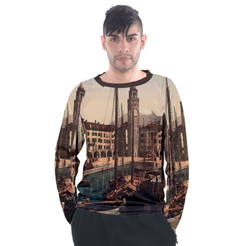 The Harbor, Riva, Lake Garda, Italy 1890-1900 2 Background Brown Men s Long Sleeve Raglan Tee by ConteMonfrey