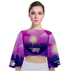 Landscape Illustration Illustrator Tie Back Butterfly Sleeve Chiffon Top