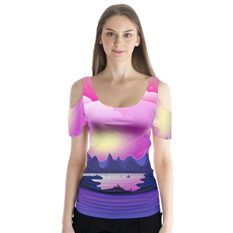 Landscape Illustration Illustrator Butterfly Sleeve Cutout Tee  by Wegoenart