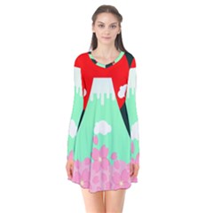 Mount Fuji Japan Landscape Volcano Long Sleeve V-neck Flare Dress by Wegoenart