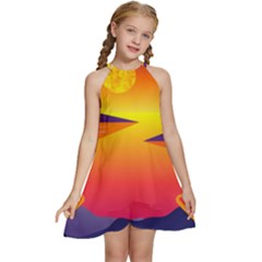 Sunset Lake Forest Hills Camp Kids  Halter Collar Waist Tie Chiffon Dress by Wegoenart