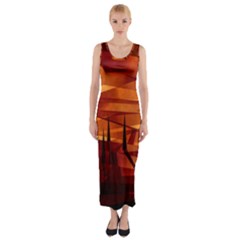 Illustration Golden Tuscany Brown Orange Fitted Maxi Dress by Wegoenart