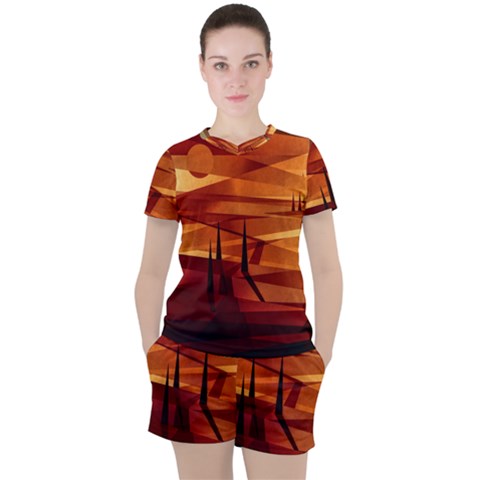 Illustration Golden Tuscany Brown Orange Women s Tee And Shorts Set by Wegoenart