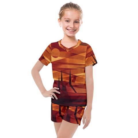 Illustration Golden Tuscany Brown Orange Kids  Mesh Tee And Shorts Set by Wegoenart