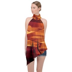 Illustration Golden Tuscany Brown Orange Halter Asymmetric Satin Top