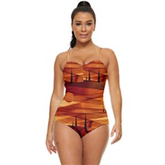 Illustration Golden Tuscany Brown Orange Retro Full Coverage Swimsuit by Wegoenart