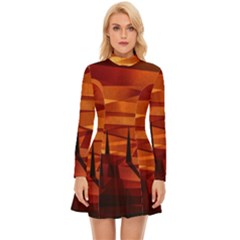 Illustration Golden Tuscany Brown Orange Long Sleeve Velour Longline Dress by Wegoenart