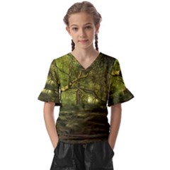 Nature Greenforest Trees Tree Landscape Kids  V-neck Horn Sleeve Blouse by Wegoenart