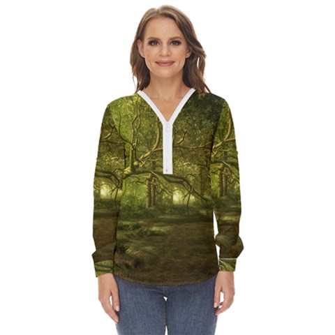 Nature Greenforest Trees Tree Landscape Zip Up Long Sleeve Blouse by Wegoenart