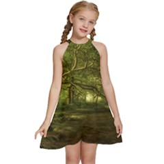 Nature Greenforest Trees Tree Landscape Kids  Halter Collar Waist Tie Chiffon Dress by Wegoenart