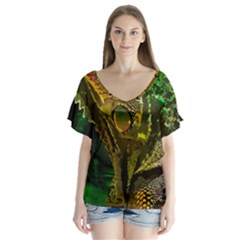 Chameleon Reptile Lizard Animal V-neck Flutter Sleeve Top by Wegoenart