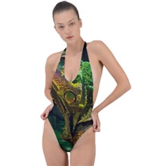 Chameleon Reptile Lizard Animal Backless Halter One Piece Swimsuit by Wegoenart