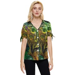 Chameleon Reptile Lizard Animal Bow Sleeve Button Up Top by Wegoenart