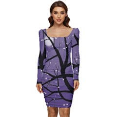 Moon Night Fantasy Dark Love Women Long Sleeve Ruched Stretch Jersey Dress by Wegoenart