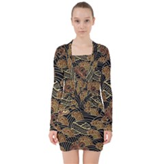 Oriental Traditional Seamless Pattern V-neck Bodycon Long Sleeve Dress by Wegoenart