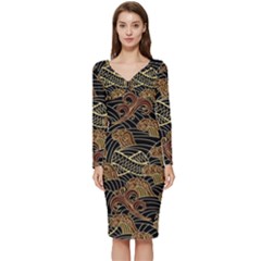 Oriental Traditional Seamless Pattern Long Sleeve V-neck Bodycon Dress  by Wegoenart