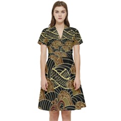 Oriental Traditional Seamless Pattern Short Sleeve Waist Detail Dress by Wegoenart