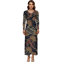 Oriental Traditional Seamless Pattern Long Sleeve Velour Longline Maxi Dress