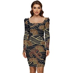 Oriental Traditional Seamless Pattern Women Long Sleeve Ruched Stretch Jersey Dress