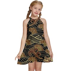 Oriental Traditional Seamless Pattern Kids  Halter Collar Waist Tie Chiffon Dress