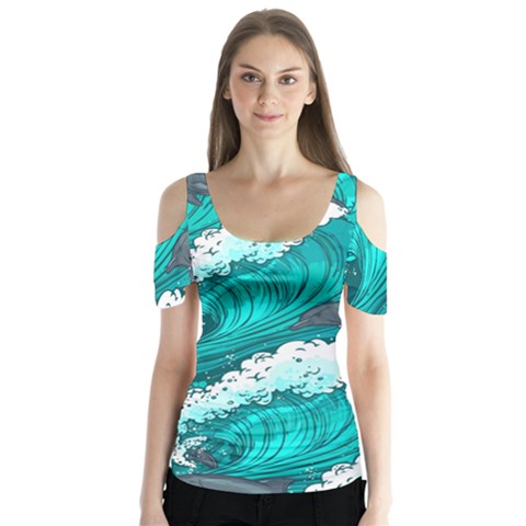 Sea Waves Seamless Pattern Butterfly Sleeve Cutout Tee  by Wegoenart