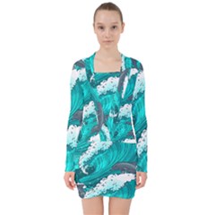 Sea Waves Seamless Pattern V-neck Bodycon Long Sleeve Dress by Wegoenart