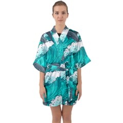 Sea Waves Seamless Pattern Half Sleeve Satin Kimono  by Wegoenart