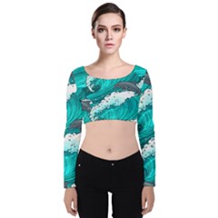 Sea Waves Seamless Pattern Velvet Long Sleeve Crop Top by Wegoenart