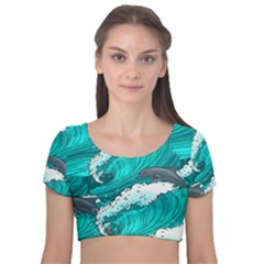 Sea Waves Seamless Pattern Velvet Short Sleeve Crop Top  by Wegoenart