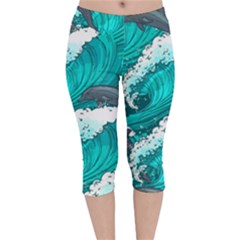 Sea Waves Seamless Pattern Velvet Capri Leggings  by Wegoenart