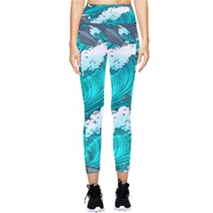 Sea Waves Seamless Pattern Pocket Leggings  by Wegoenart