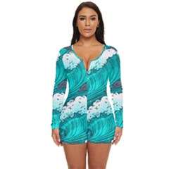 Sea Waves Seamless Pattern Long Sleeve Boyleg Swimsuit