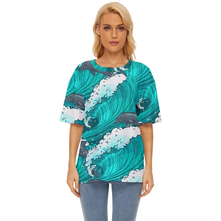 Sea Waves Seamless Pattern Oversized Basic Tee