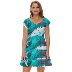 Sea Waves Seamless Pattern Short Sleeve Tiered Mini Dress by Wegoenart