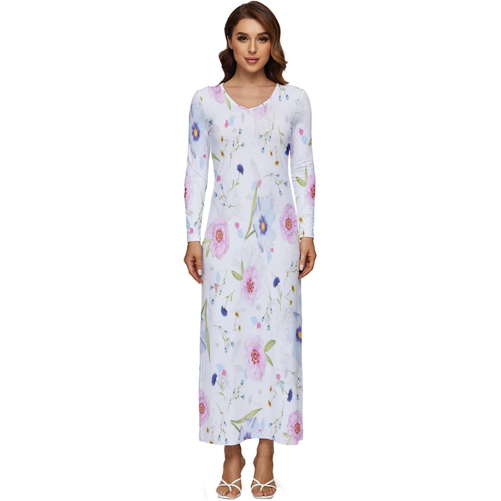 Background-flower Beatiful Long Sleeve Velour Longline Maxi Dress