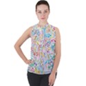 Floral Pattern Mock Neck Chiffon Sleeveless Top View1