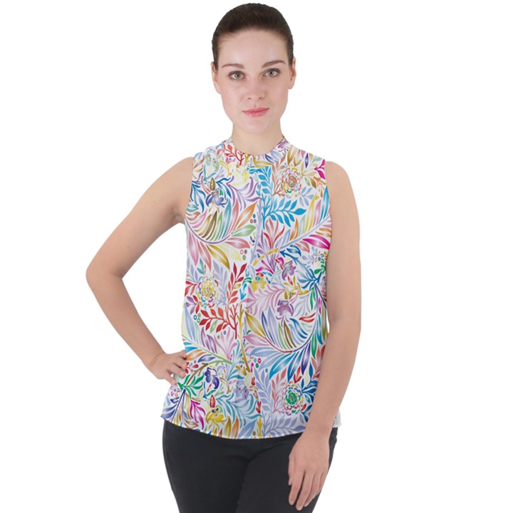 Floral Pattern Mock Neck Chiffon Sleeveless Top