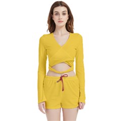 Geometric-pattern-yellow Velvet Wrap Crop Top And Shorts Set by nateshop