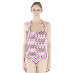 Mave,chevron,white,navi,purple Halter Swimsuit by nateshop