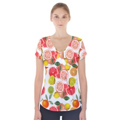 Citrus Fruit Seamless Pattern Short Sleeve Front Detail Top by Wegoenart