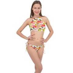 Citrus Fruit Seamless Pattern Cross Front Halter Bikini Set by Wegoenart