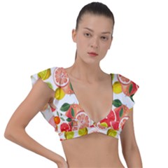 Citrus Fruit Seamless Pattern Plunge Frill Sleeve Bikini Top by Wegoenart