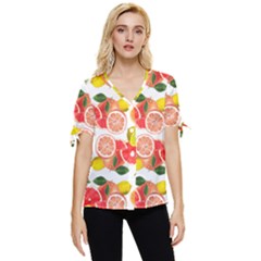 Citrus Fruit Seamless Pattern Bow Sleeve Button Up Top by Wegoenart