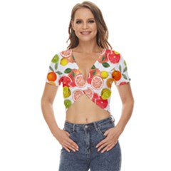 Citrus Fruit Seamless Pattern Twist Front Crop Top by Wegoenart