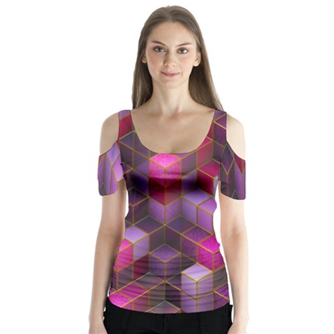 Cube-surface Butterfly Sleeve Cutout Tee  by nateshop