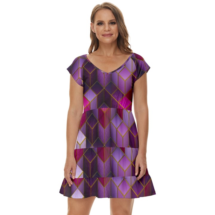 Cube-surface Short Sleeve Tiered Mini Dress